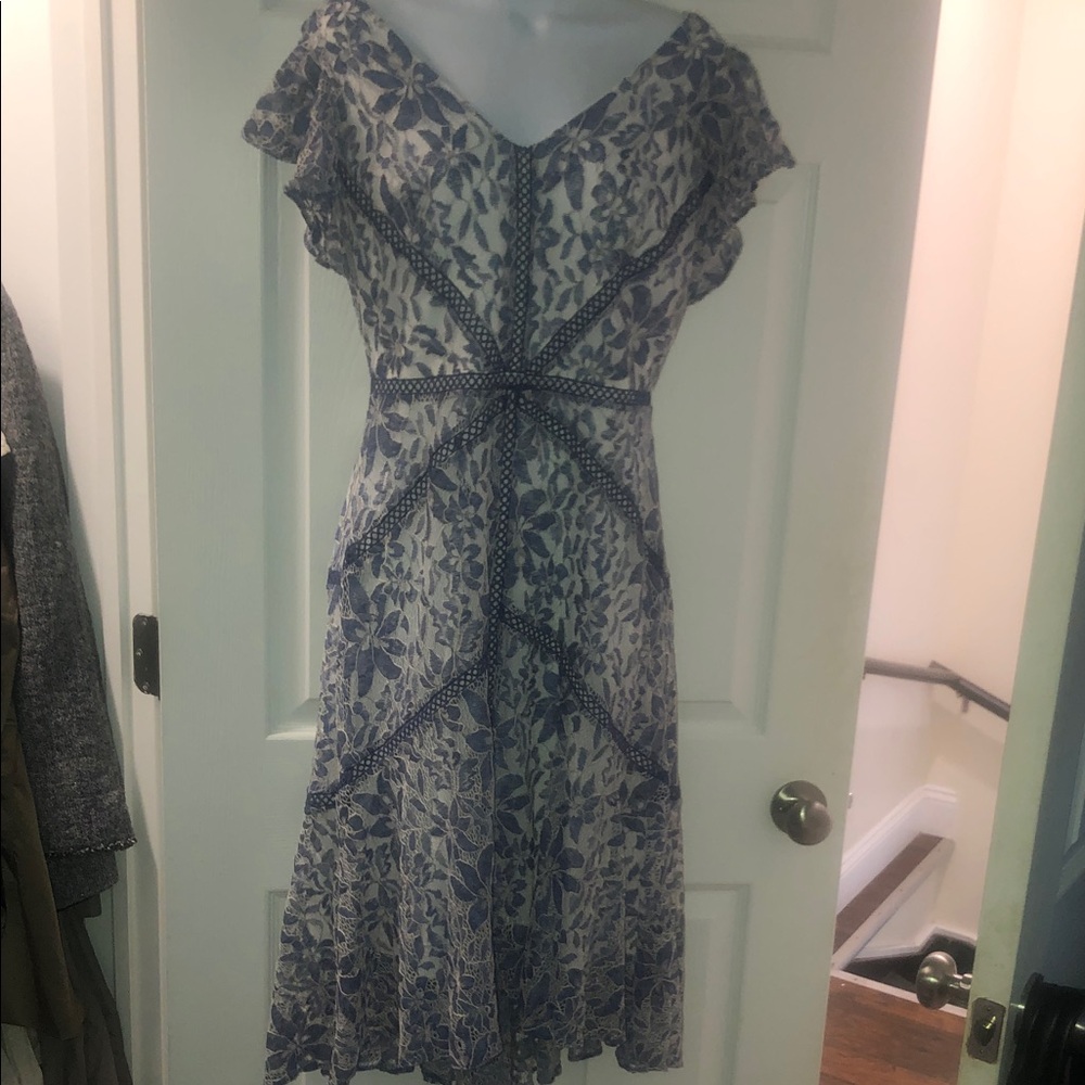 Taylor Blue and Cream Floral Lace Midi Dress